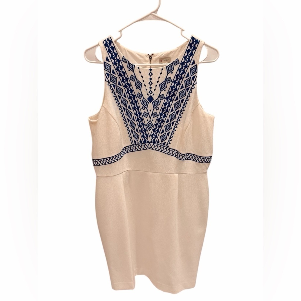 Daniel Cremieux Lita Elegant Cream and Blue Patterned Dress Sleeveless Size 14